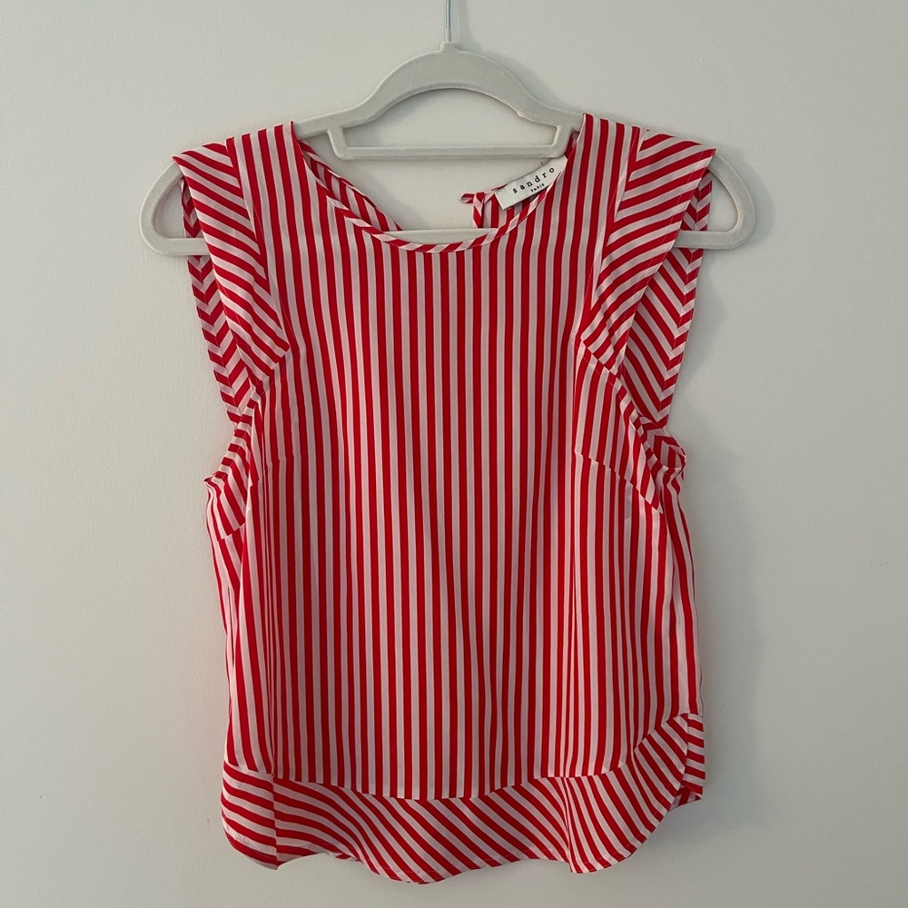 Sandro Red and White Striped Sleeveless Blouse